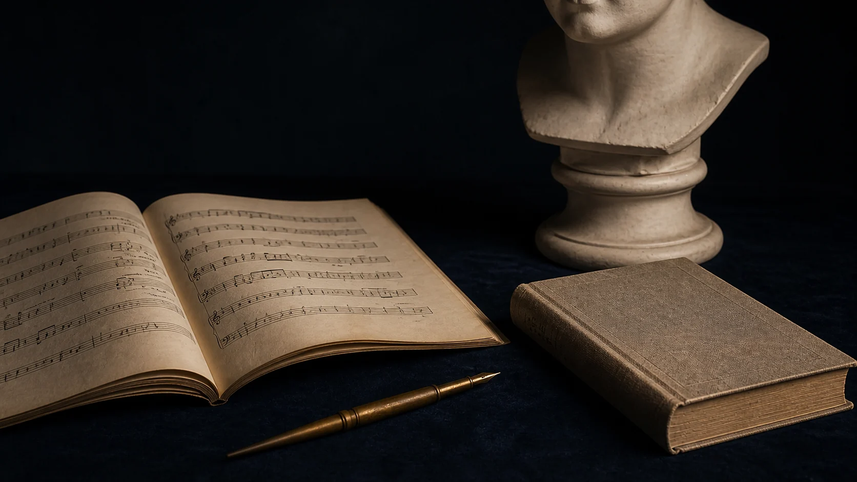 Notenblatt, Feder, Leinenbuch und historische Büste im Archivlicht