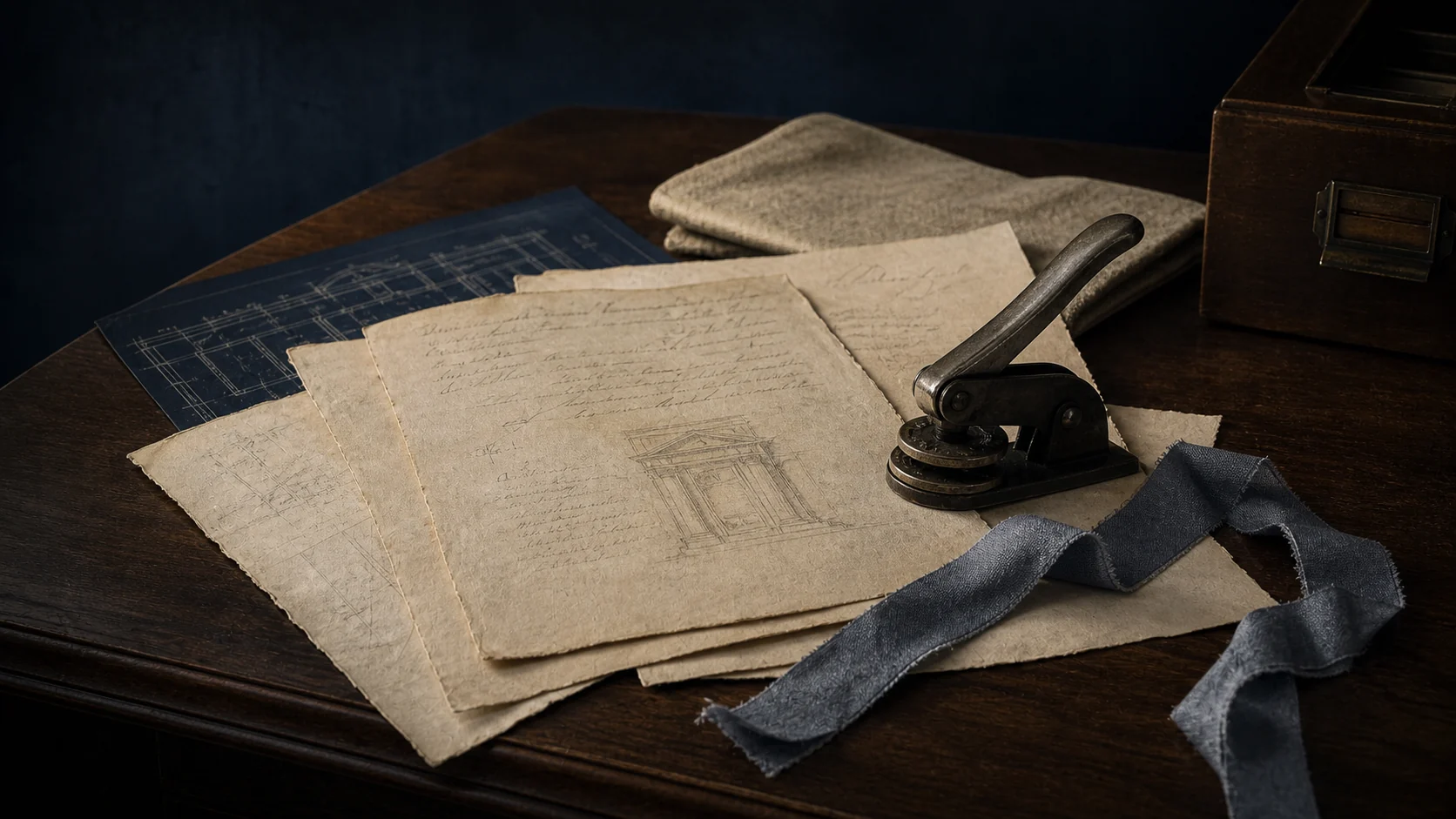 Symbolmotiv mit historischen Dokumenten und Prägewerkzeug auf einem Archivtisch